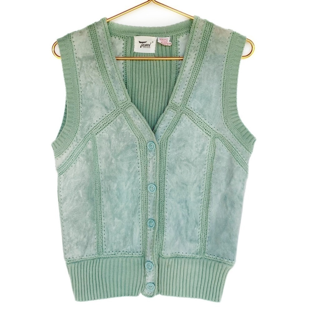 Vtg Leather Patchwork Vest in sage green Womens size M - Picture 2 of 6